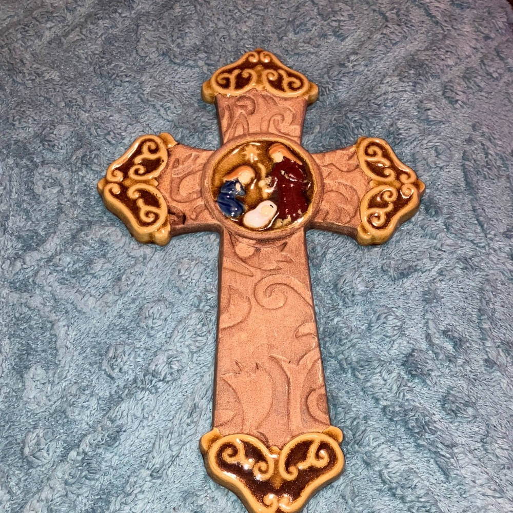 Hand Crafted Decorative Cross Pottery With Nativity 13” X 8”